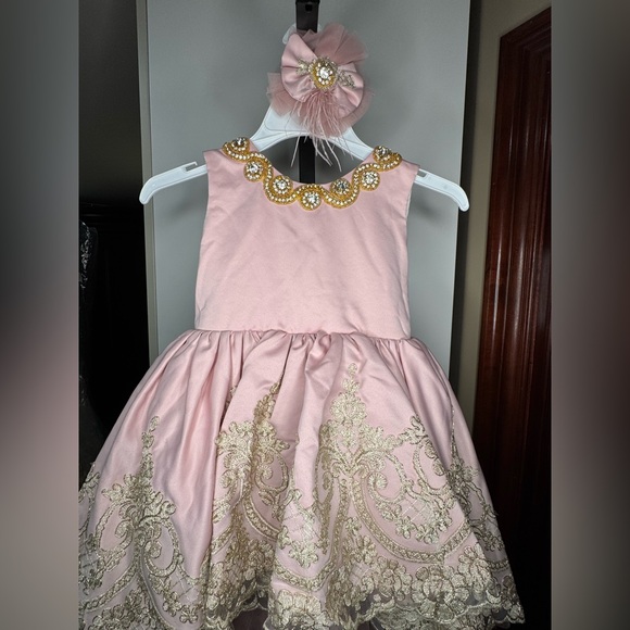 Handmade Graceful Pink and Gold hi low dress with Floral lace Embellishments - Picture 2 of 5